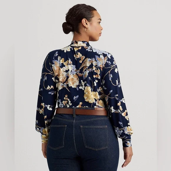NWT Lauren Ralph Lauren Floral Tie-Neck Stretch Jersey Long Sleeve Plus, Size 2X - Picture 3 of 12